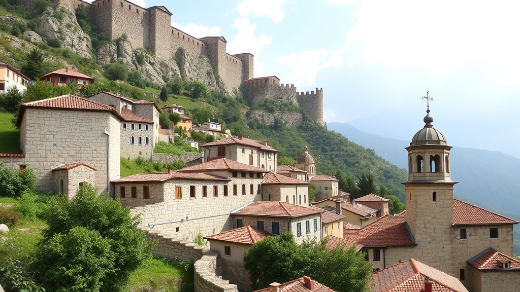 A view of Gjirokastër with traditional stone houses and a castle on a hill.