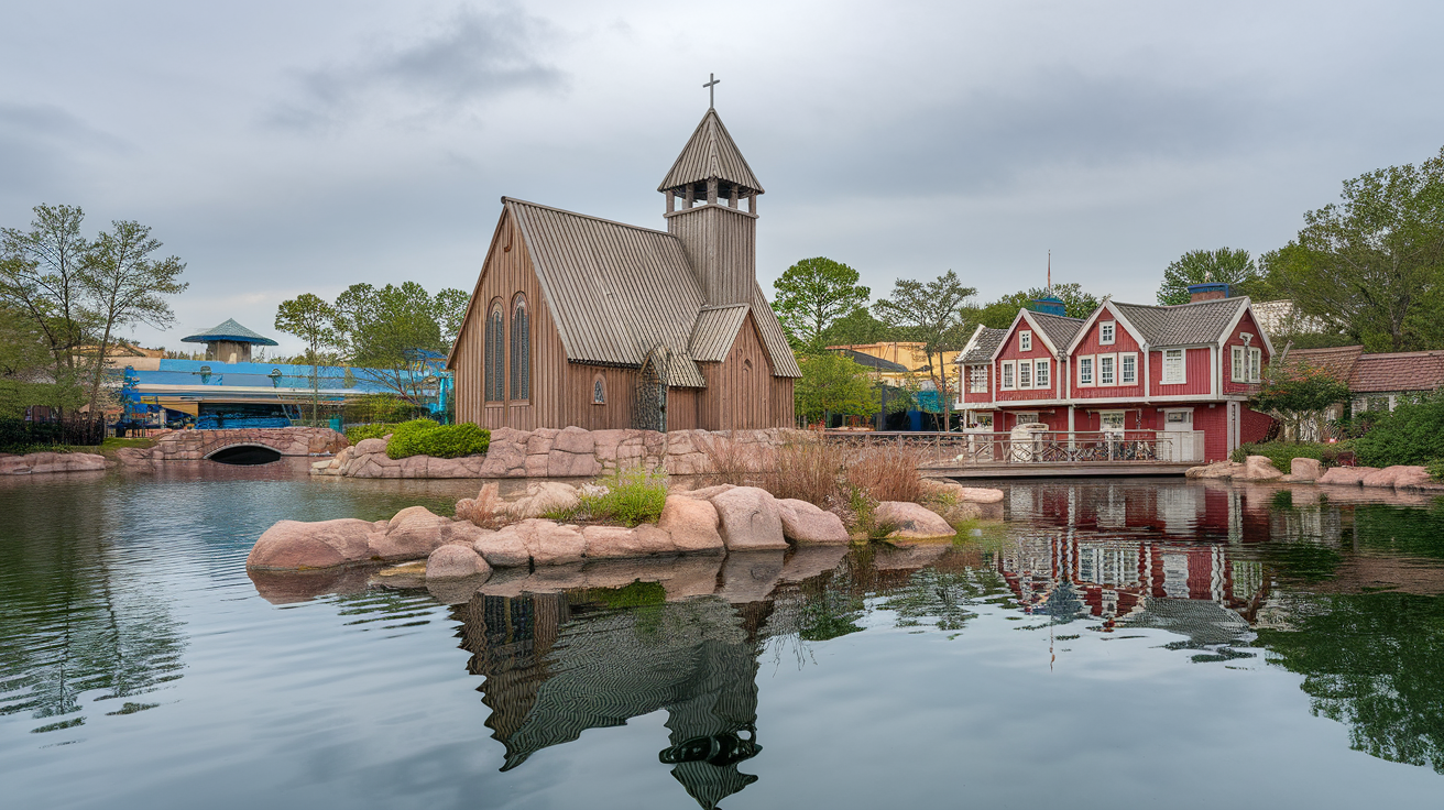 Norway Pavilion at EPCOT featuring a red stave church surrounded by rocks and greenery