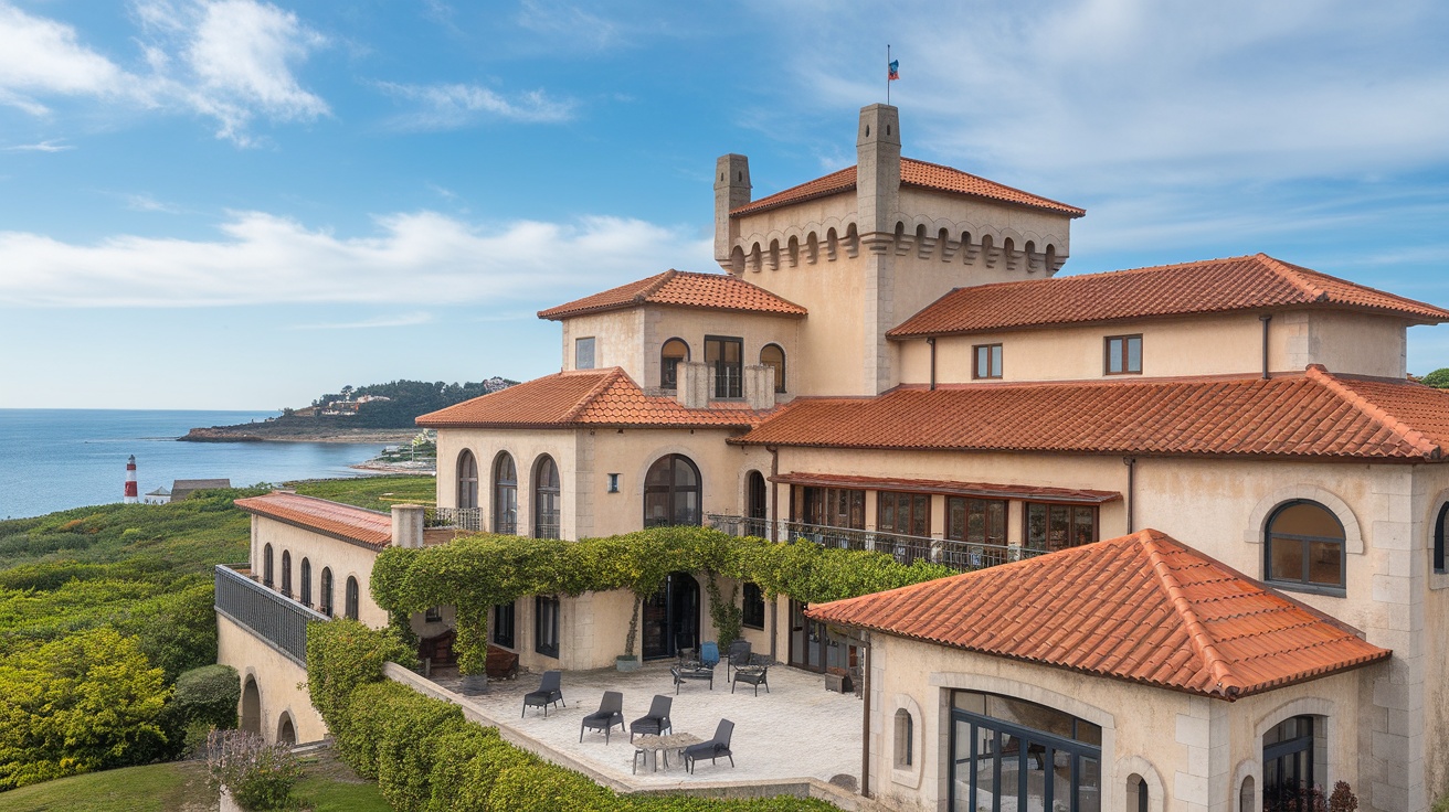 A scenic view of a picturesque castle hotel in Portugal overlooking the ocean.