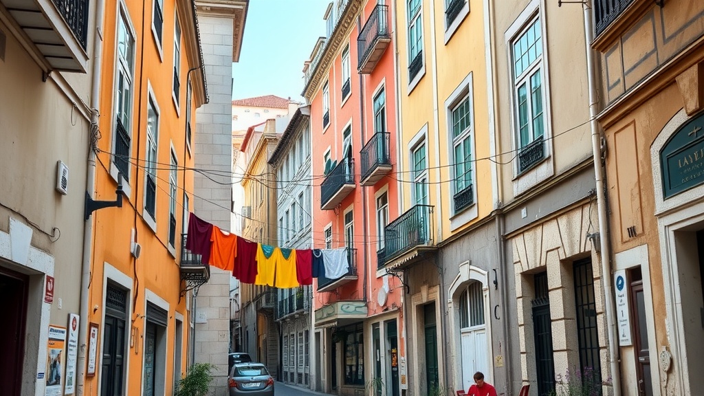 Narrow colorful streets in the Alfama District, Lisbon, with clothes hanging on a line and a car parked nearby.