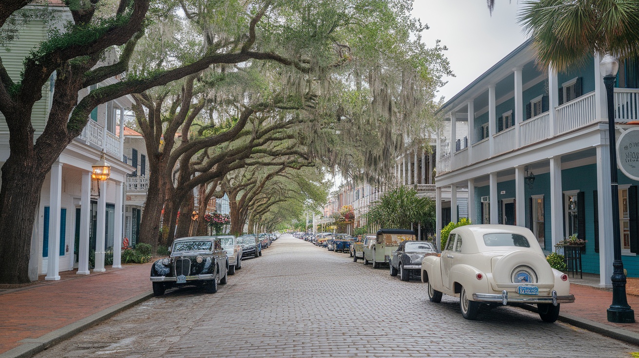 A charming street in Beaufort, South Carolina, lined with oak trees and vintage cars.