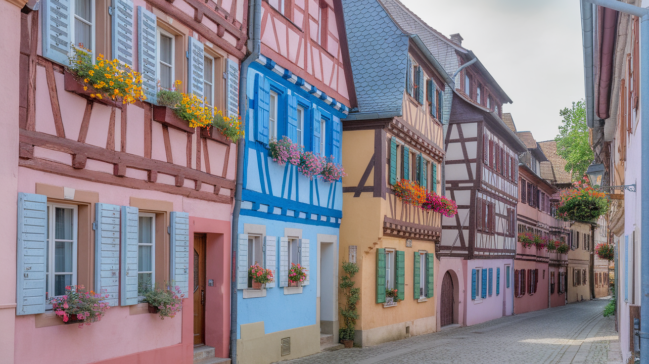 Colorful half-timbered houses with flower boxes in the charming streets of Colmar, France.