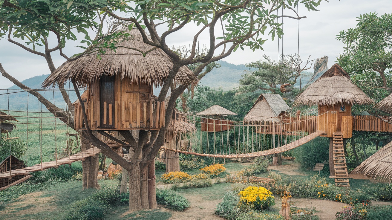 A picturesque treehouse village with bridges and lush greenery.