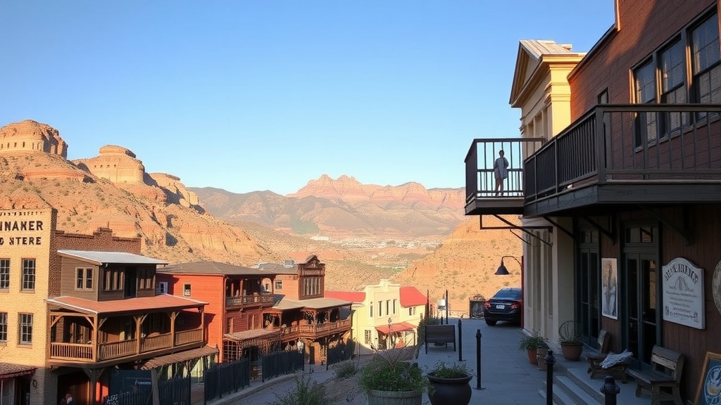 A view of Jerome Ghost Town with colorful buildings and mountains in the background.