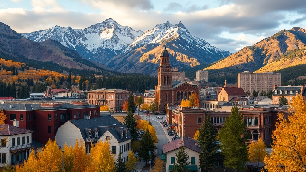 A picturesque view of Telluride, Colorado, with colorful autumn trees and snowy mountains in the background.