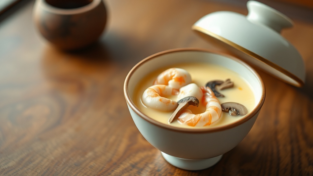 A bowl of chawanmushi, a silky egg custard with shrimp and mushrooms, served on a wooden table.