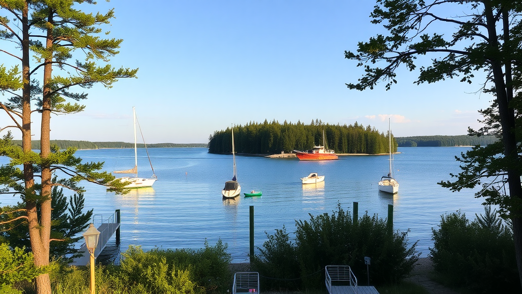 A scenic view of Cheboygan, Michigan with boats in the water and trees lining the shore.