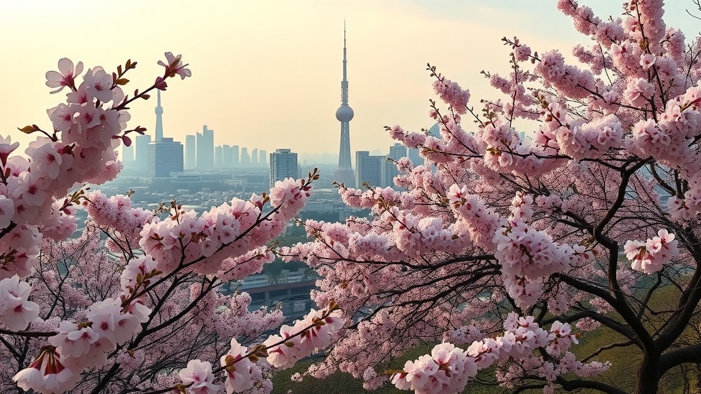 View of cherry blossoms in Tokyo with a city skyline in the background