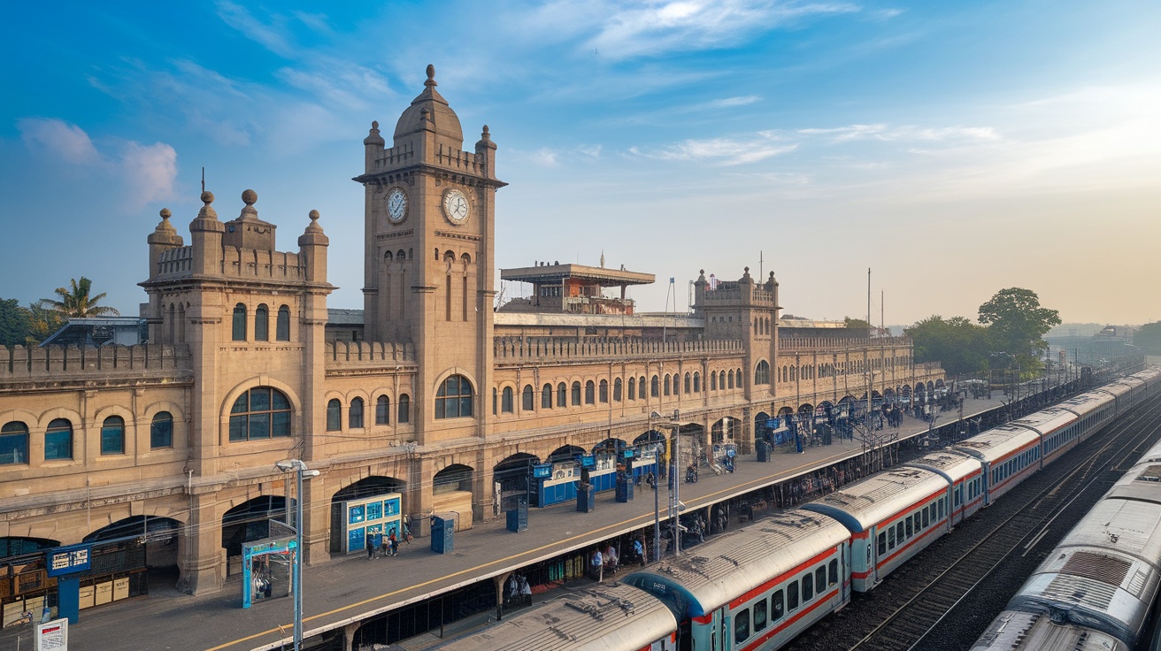 Chhatrapati Shivaji Maharaj Terminus in Mumbai with trains and beautiful architecture.