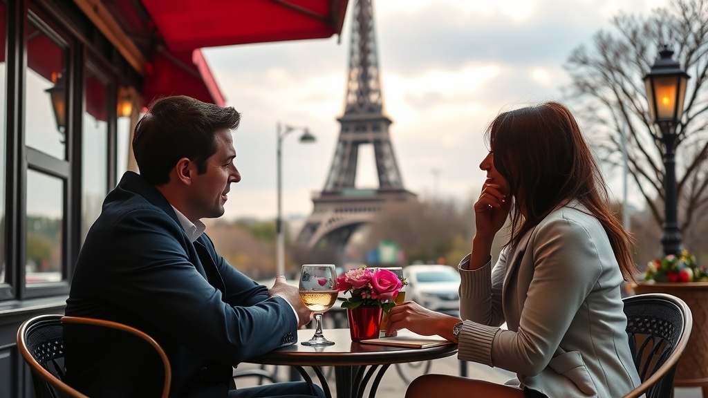 Couple enjoying a drink at a café in Paris with the Eiffel Tower in the background.