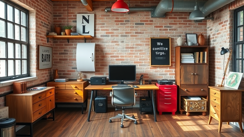 A stylish home office featuring exposed brick walls, wooden furniture, and pops of color.