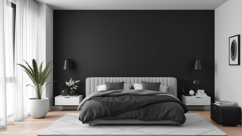 Stylish monochrome bedroom with gray bedding, black wall, and white accents.