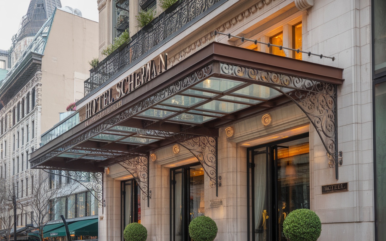 Entrance of Hotel Scherman in Midtown Manhattan, showcasing elegant architecture and a welcoming atmosphere.