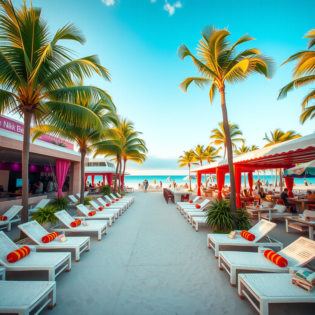 A view of Nikki Beach in Miami showcasing lounge chairs, palm trees, and the beach.