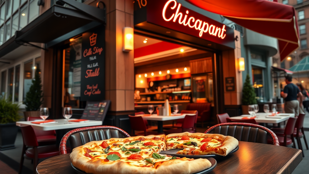 A delicious deep-dish pizza in front of a cozy restaurant in Chicago.