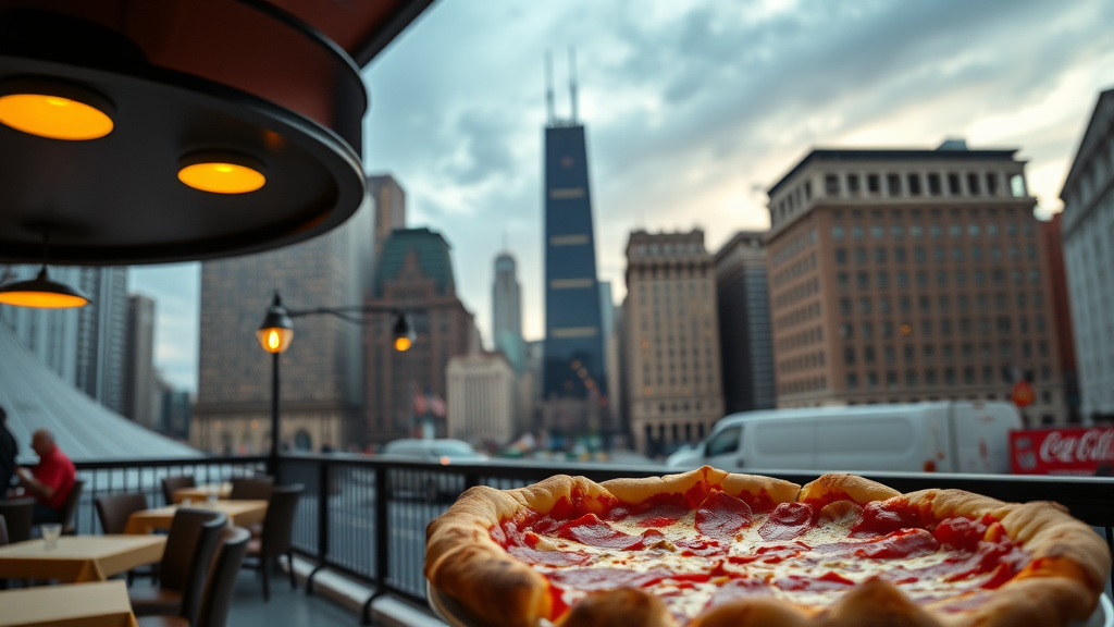 A hand holding a pepperoni deep-dish pizza with the Chicago skyline in the background.