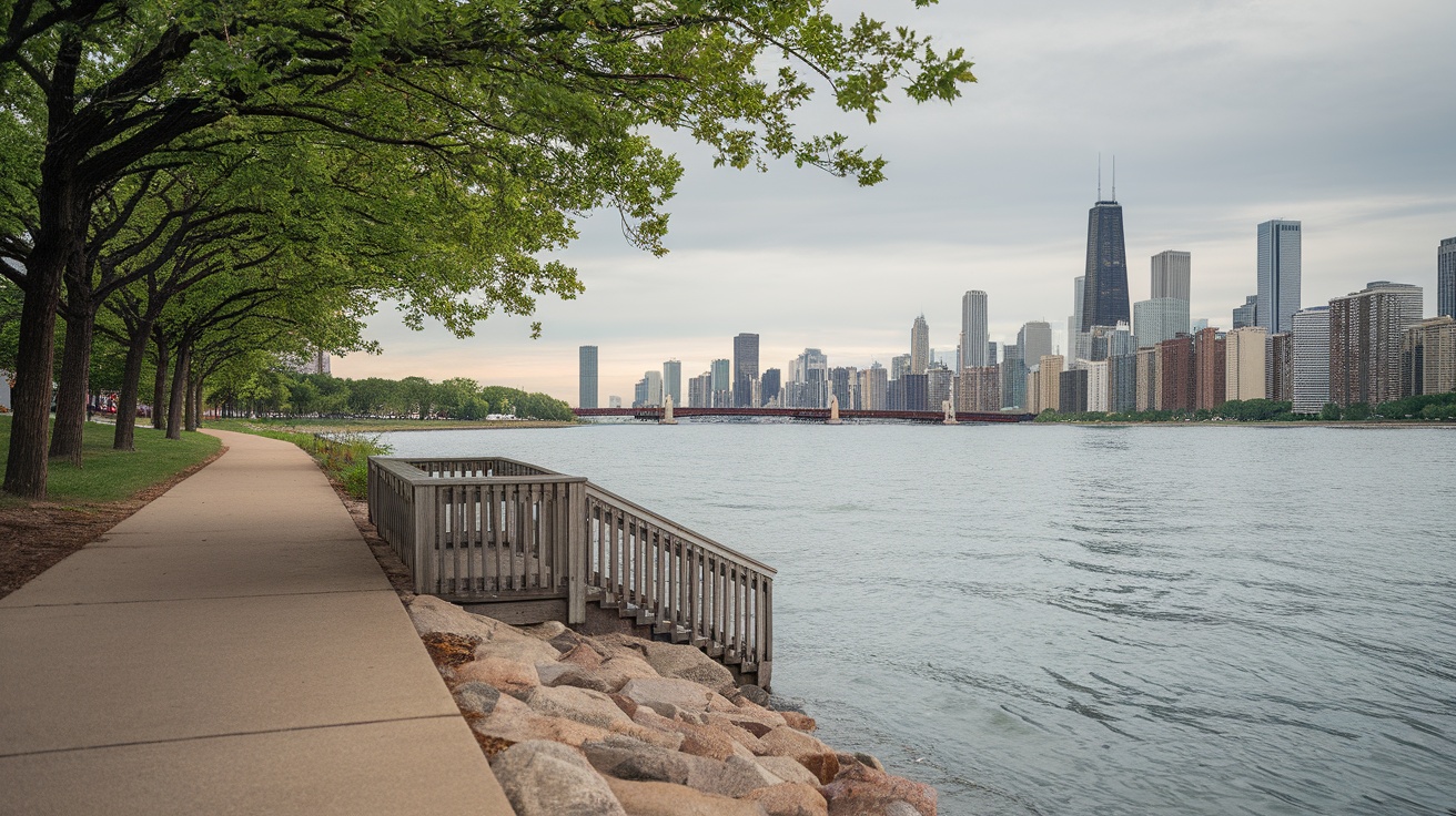 A scenic view of a walking path along Chicago's lakeside, with trees and the city skyline in the background.