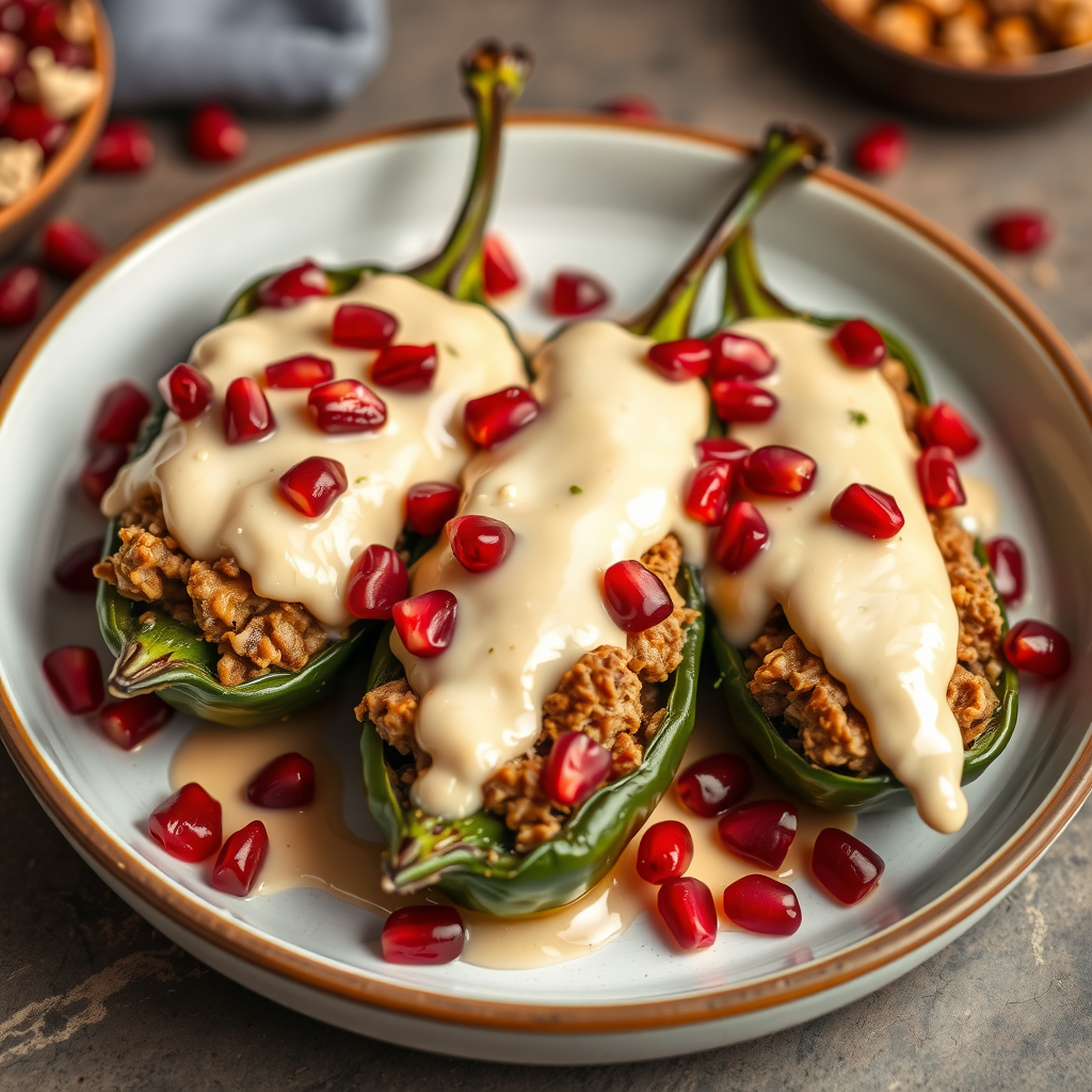 A plate of Chiles en Nogada with pomegranate seeds and creamy sauce.