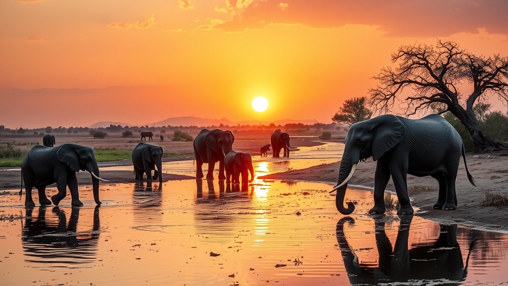 Elephants walking along the river at sunset in Chobe National Park, Botswana