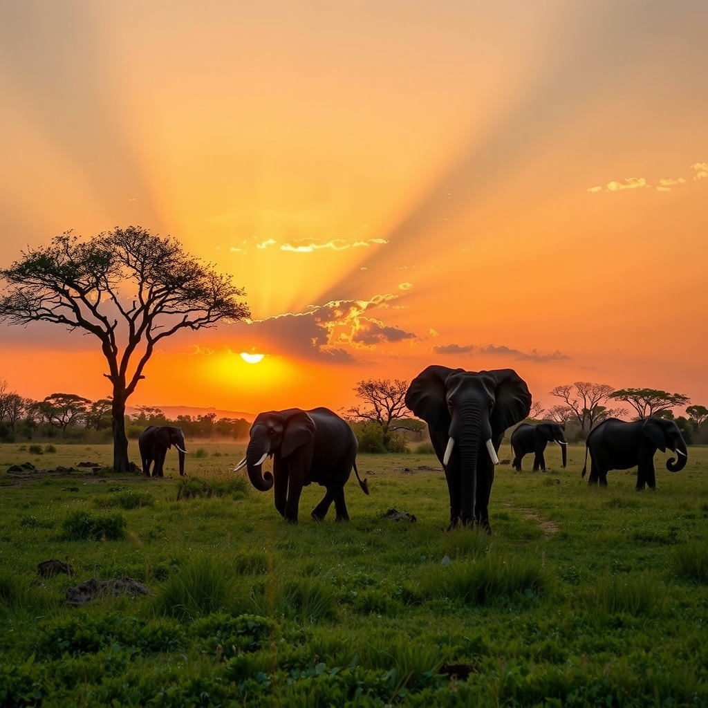 Elephants walking in Chobe National Park during sunset