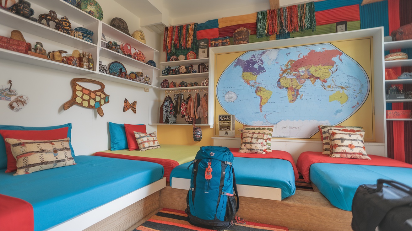 A colorful budget accommodation room with beds, a world map, and decorative items.