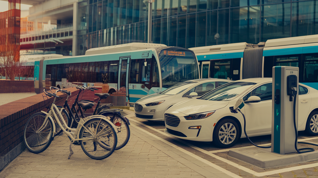 A city scene showing eco-friendly transportation options, including bicycles, electric cars, and a bus.