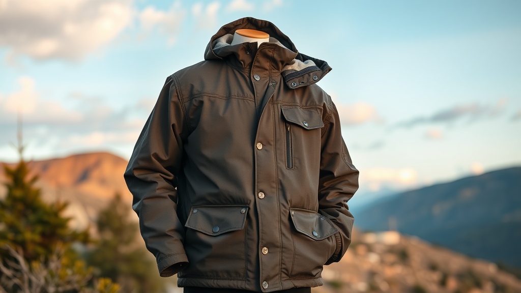 A stylish brown jacket with multiple pockets on a mannequin against a scenic mountain background.