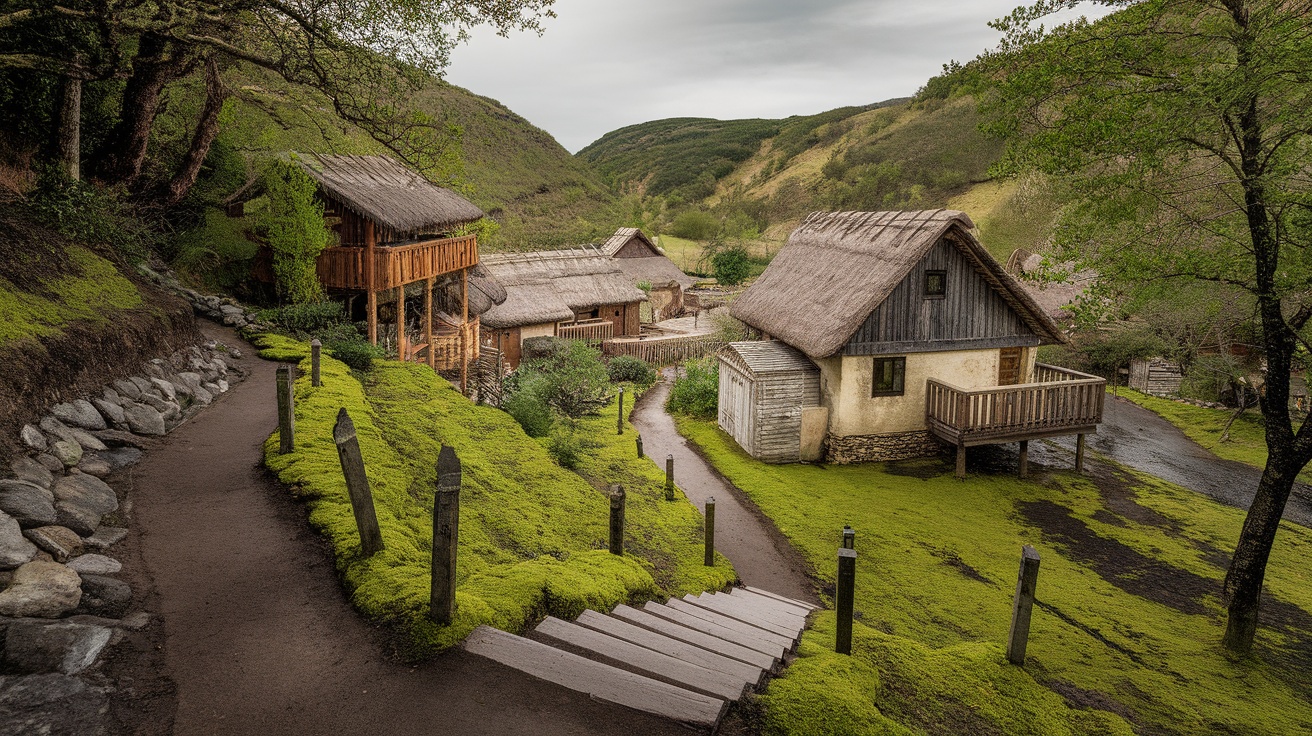 A serene view of rustic houses surrounded by lush green hills, showcasing a peaceful off-the-beaten-path destination.