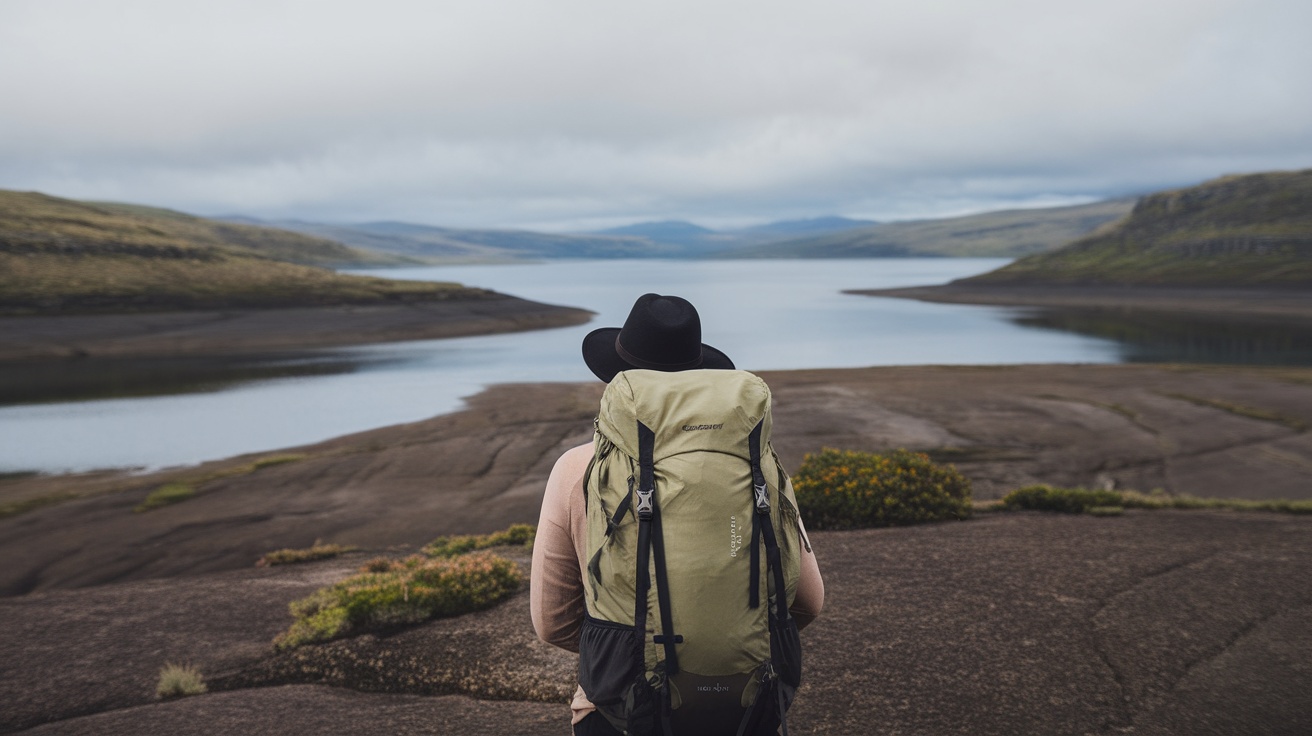 A traveler with a backpack looking at a serene lake surrounded by mountains.