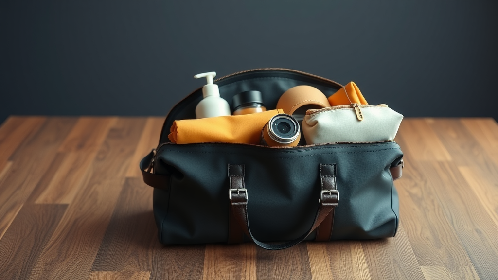 An open travel bag showing neatly packed items including toiletries.