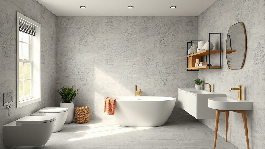 A modern bathroom with a freestanding tub, white cabinetry, and stylish decor.