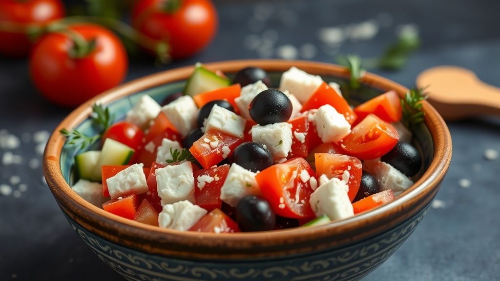 A colorful bowl of Greek village salad featuring tomatoes, cucumbers, olives, and feta cheese