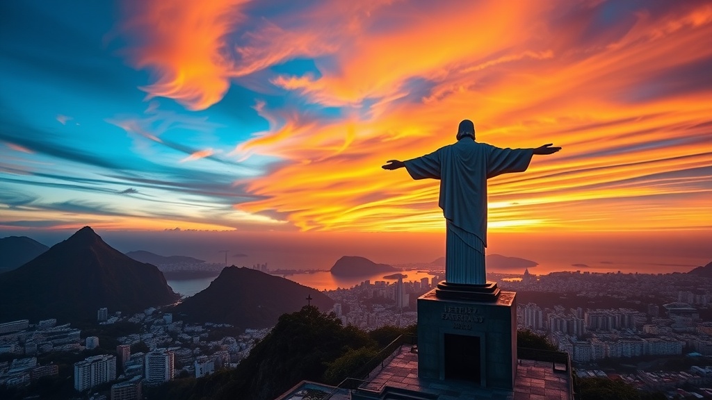 Christ the Redeemer statue with a colorful sunset in the background