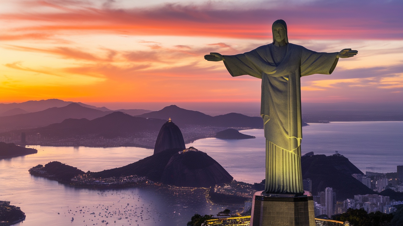 Christ the Redeemer statue with sunset in Rio de Janeiro