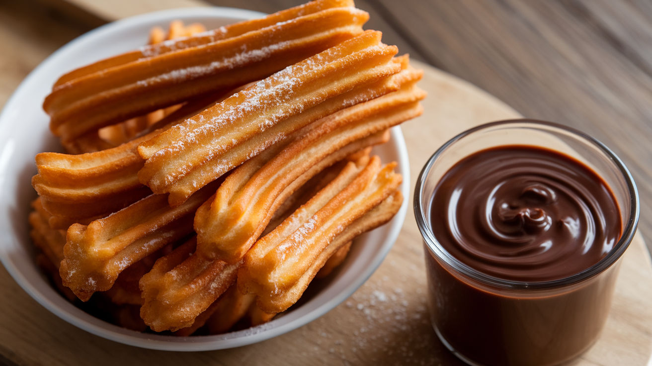 A plate of churros with a cup of melted chocolate for dipping.