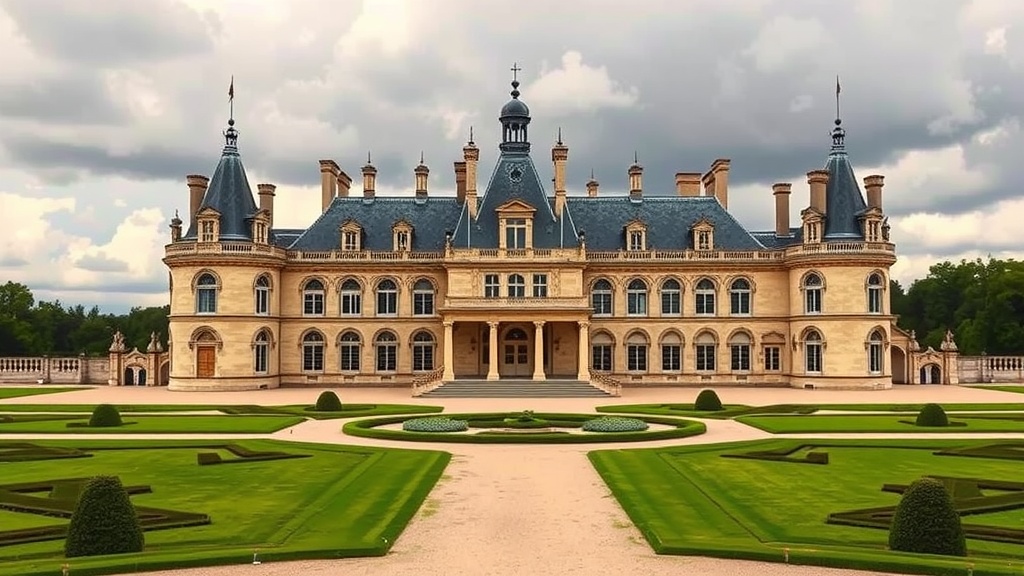 A view of the Château de Chambord with manicured gardens and cloudy skies.