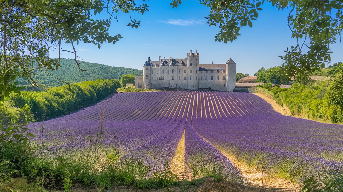 Lavender fields with Château de Grignan in the background, showcasing vibrant purple rows in sunlight.