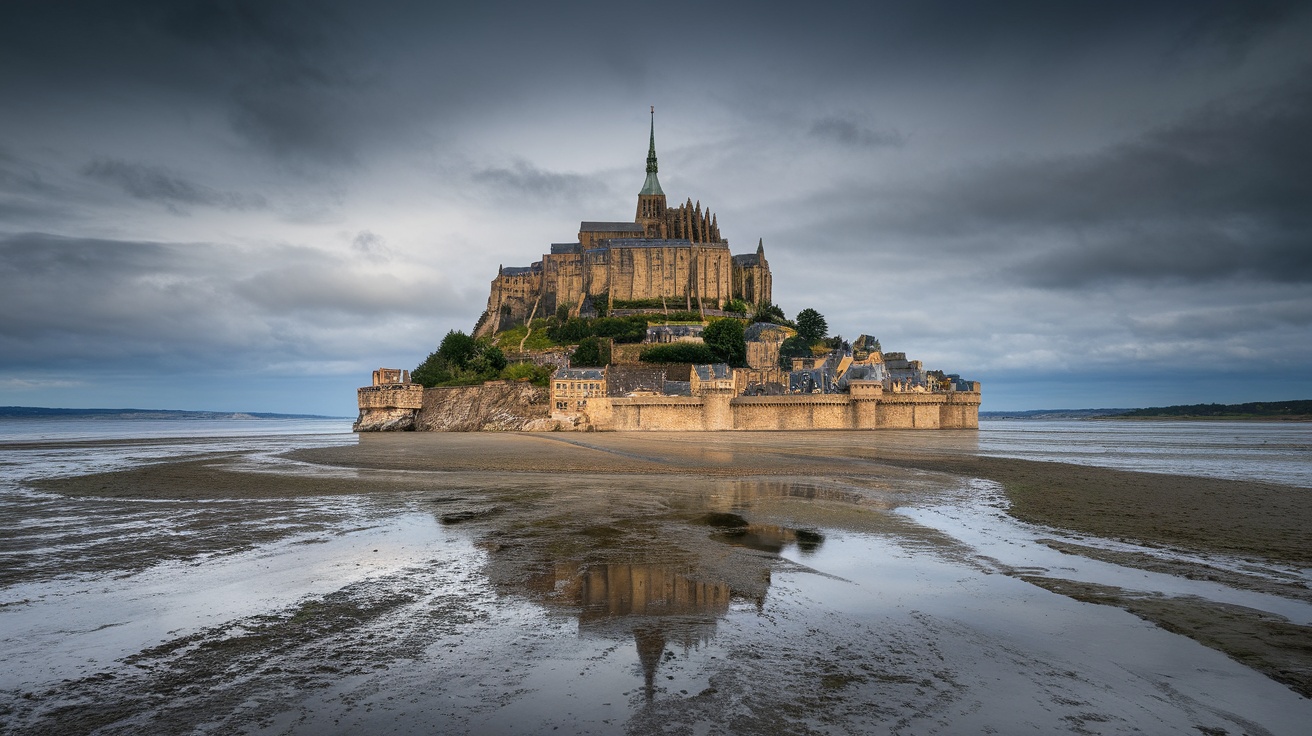 A scenic view of Château de Mont-Saint-Michel in France, showcasing its unique architecture and surrounding landscape.