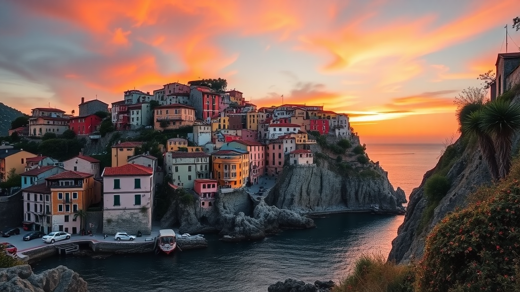 Colorful houses on cliffs during sunset in Cinque Terre National Park, Italy.