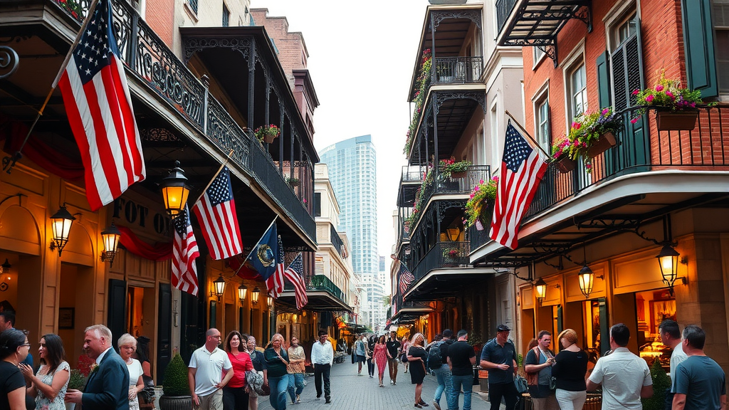 Street scene in New Orleans with musicians and colorful buildings.