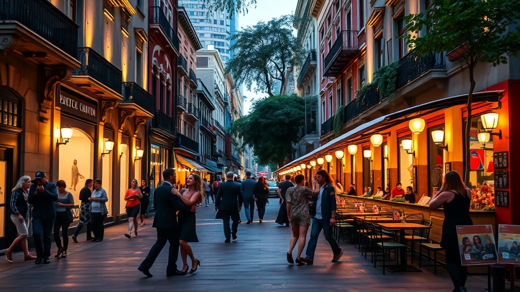 A lively street scene in Buenos Aires with people dancing and dining outdoors.