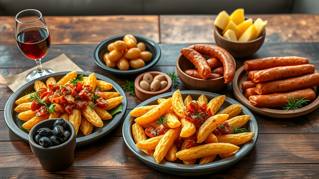 An assortment of Spanish tapas including potatoes, sausages, olives, and wine