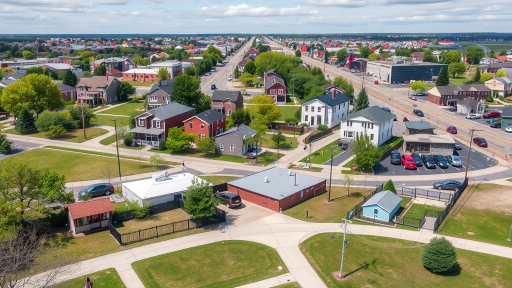 Aerial view of a Cleveland neighborhood with houses and greenery.