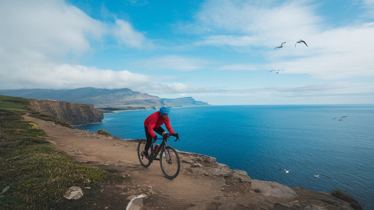 A cyclist in a yellow jacket rides along a cliffside path overlooking the ocean.