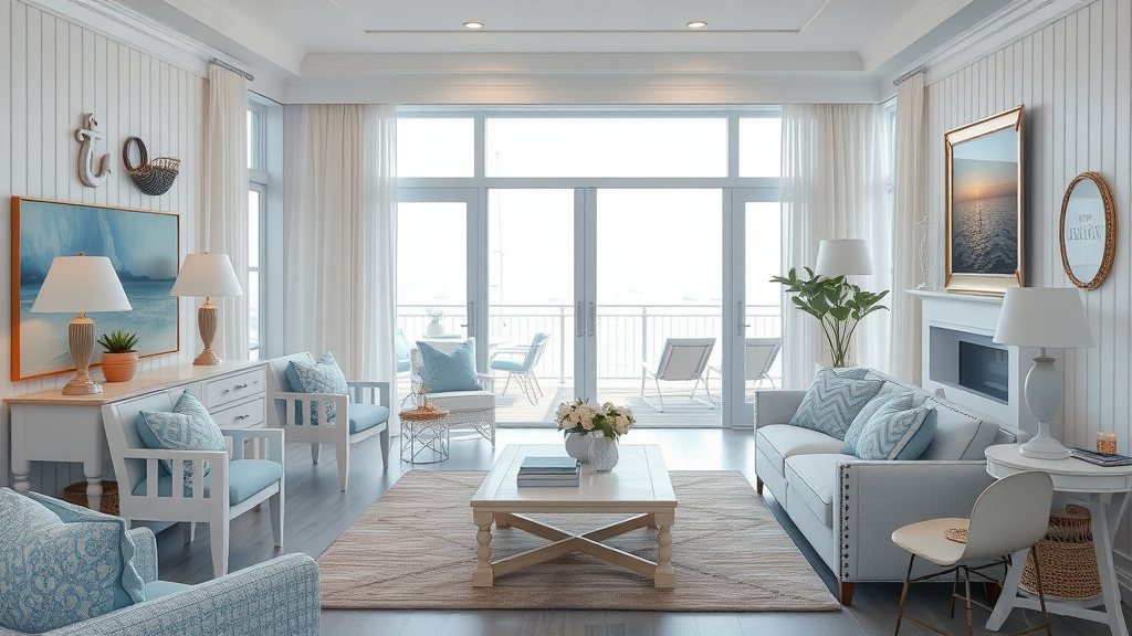 A bright coastal-style living room with soft blue and white decor, featuring nautical elements.