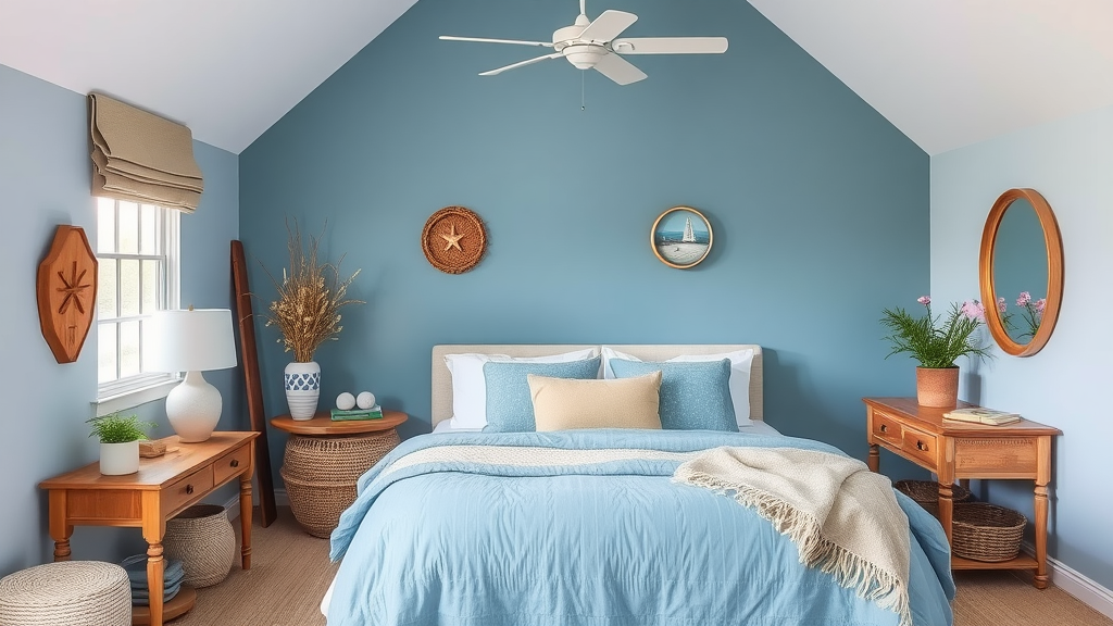 A stylish bedroom with soft blue walls, white furniture, and coastal decor elements.