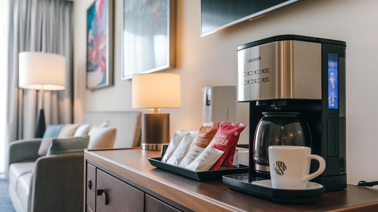 Hotel coffee maker with supplies including coffee packets and a cup.