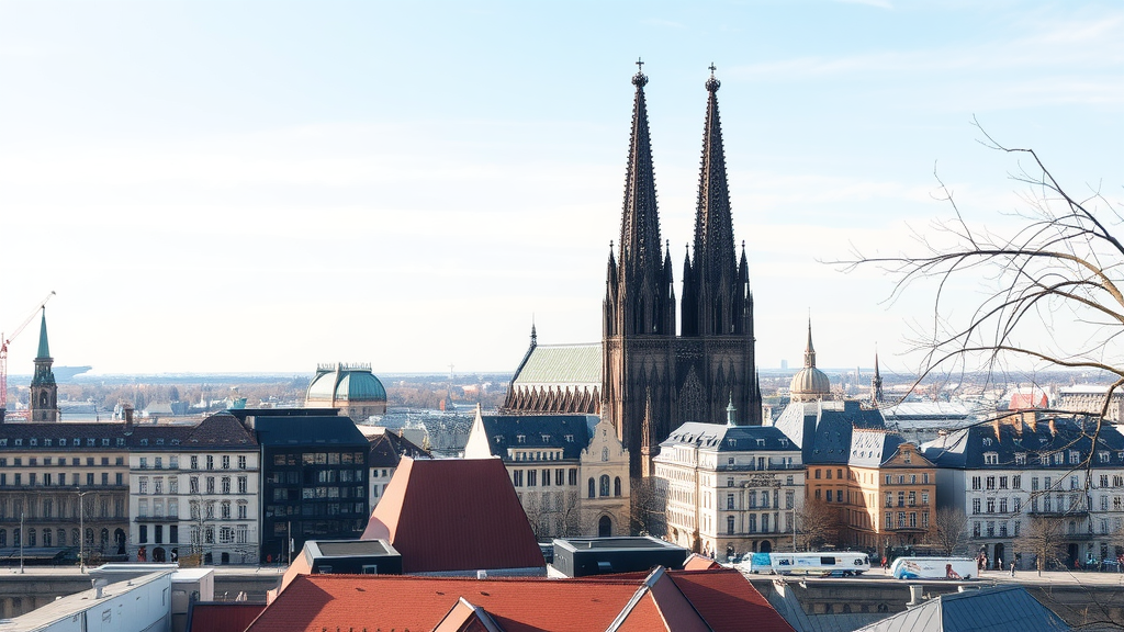 View of Cologne Cathedral with its tall spires and surrounding city buildings.