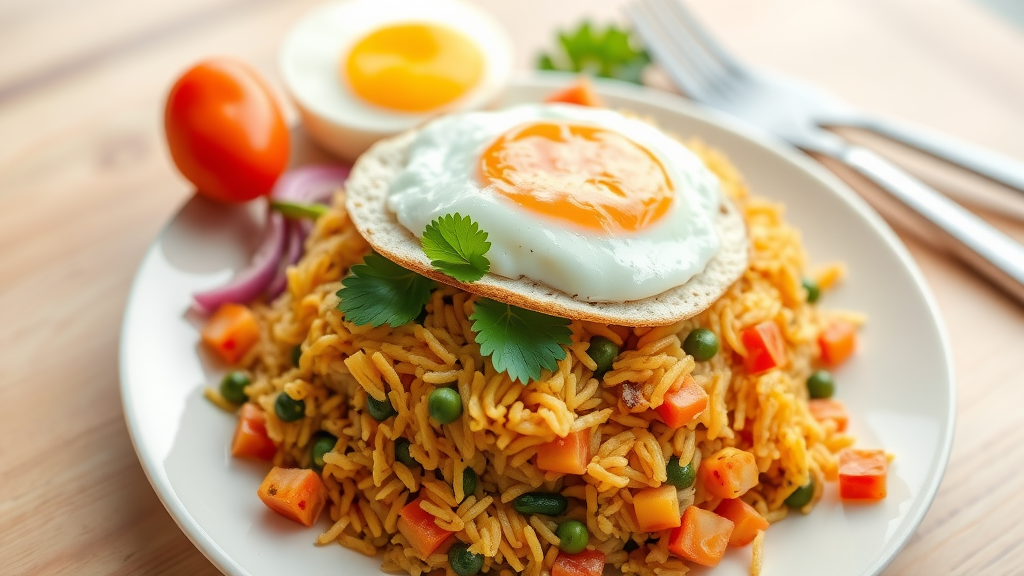 A colorful plate of Indonesian rice with vegetables and a fried egg on top.