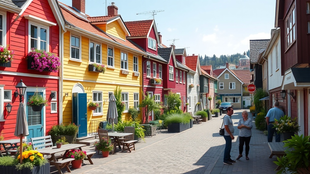 Colorful houses lined along a street in Stavanger, Norway, with flowers and people enjoying the scenery.